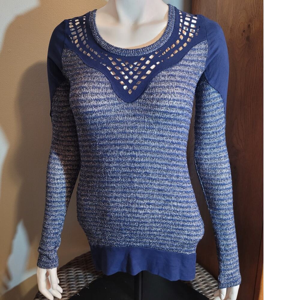 Blue crochet neckline sweater semi sheer rib knit indie y2k textured top small